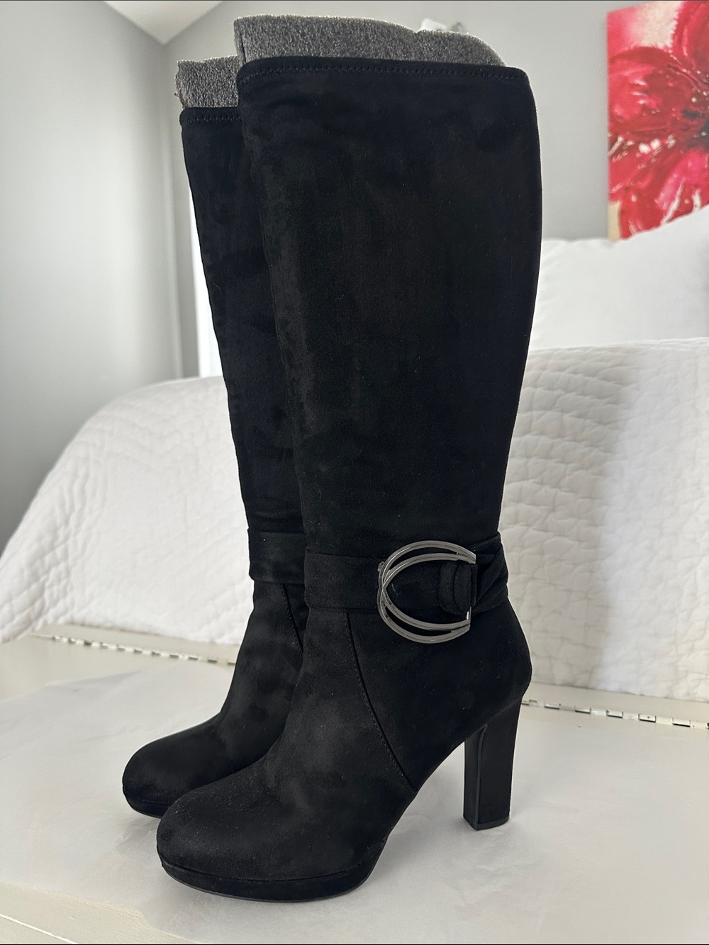 Black Over-the-Knee Suede Boots with Decorative Buckle